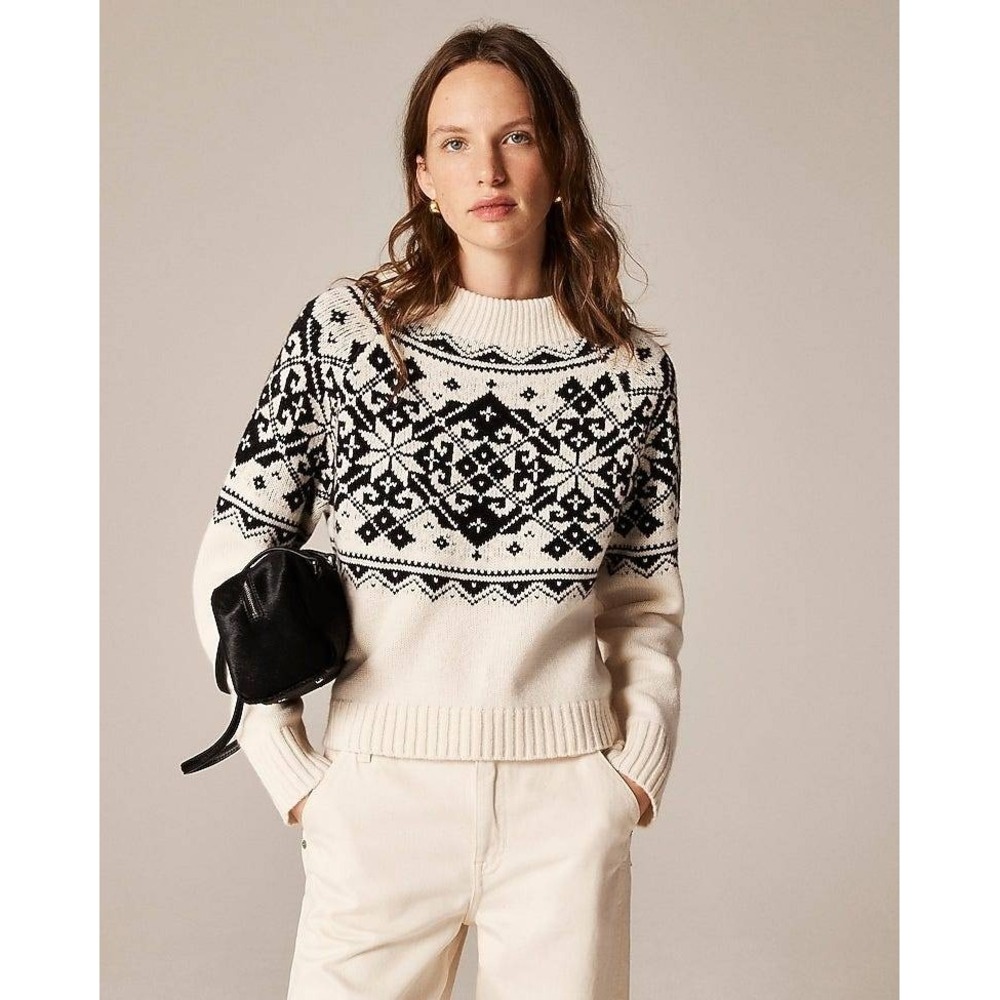J.Crew Women's Fair Isle Mockneck Sweater 100% Lambswool Cream Black- Small